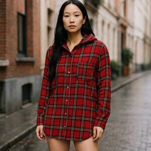Laura Ashley Women's Large Nightshirt Red Plaid Flannel Long Sleeve Knee Length
